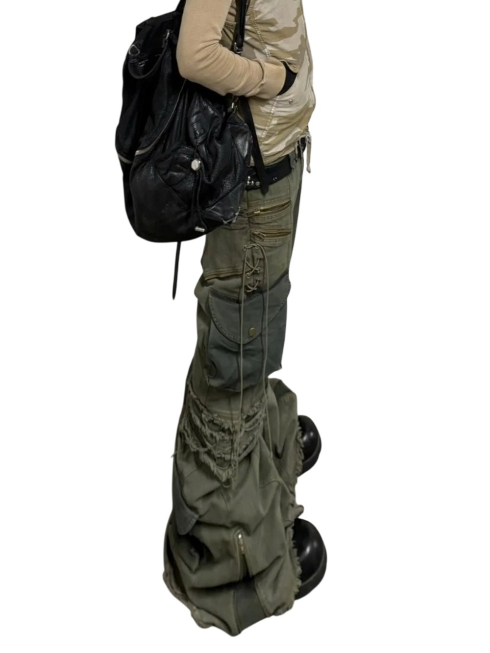 Distressed Cargo Bell-Bottom Pants